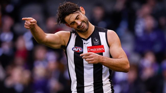 Robert Harvey wants to see his side play with more flair. Brodie Grundy celebrates a goal during his return.