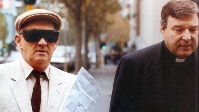 George Pell, right, with Father Gerald Ridsdale outside court, on August 15, 1993. 