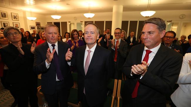 Anthony Albanese and former leader Bill Shorten in the Labor caucus meeting following the election loss. Picture Kym Smith