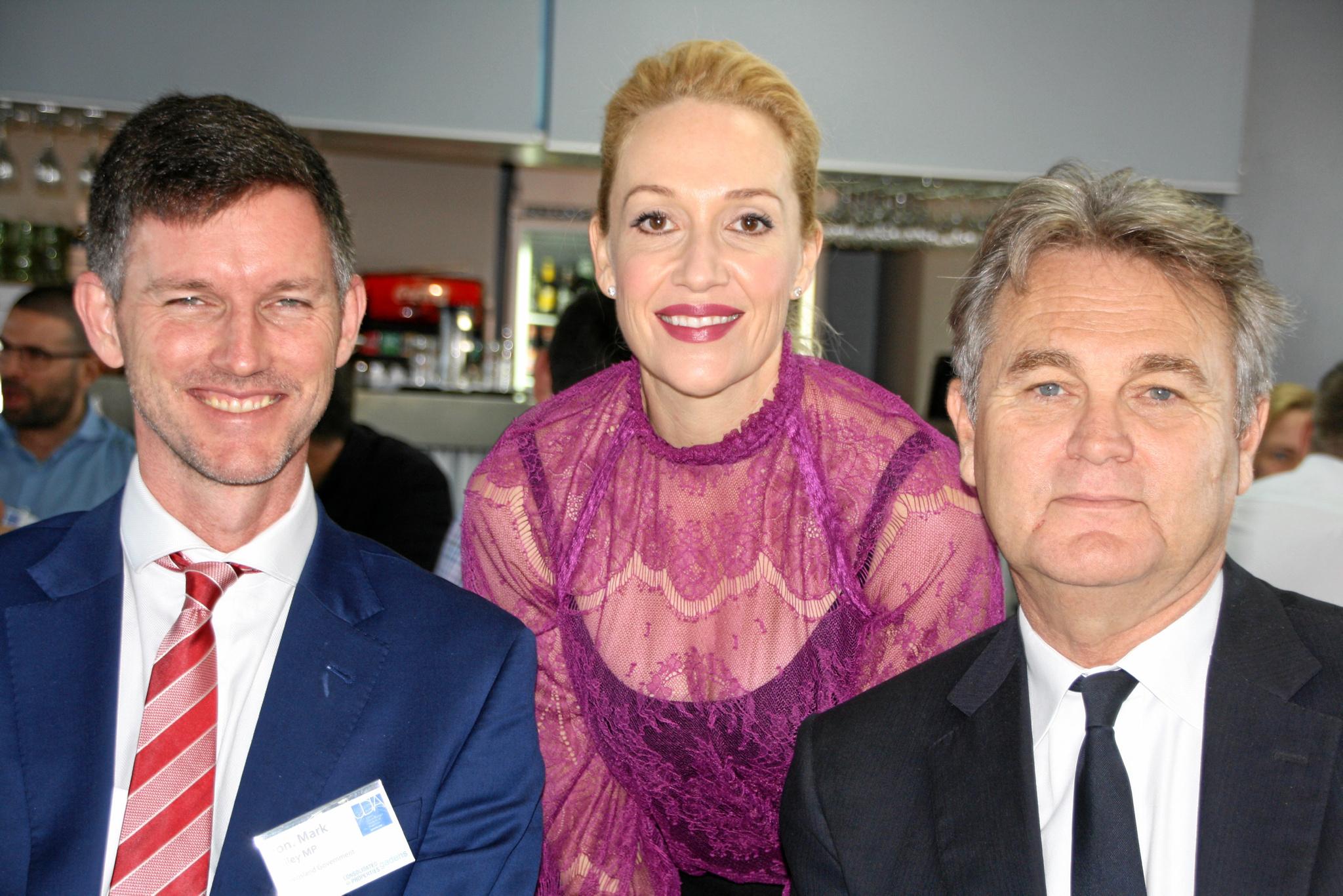 Minister for Main Roads Mark Bailey and Bernard Salt with UDIA CEO Marina Vit at the Urban Development Institute of Australia (Qld) breakfast at Maroochydore Surf Club last Friday. Picture: Erle Levey