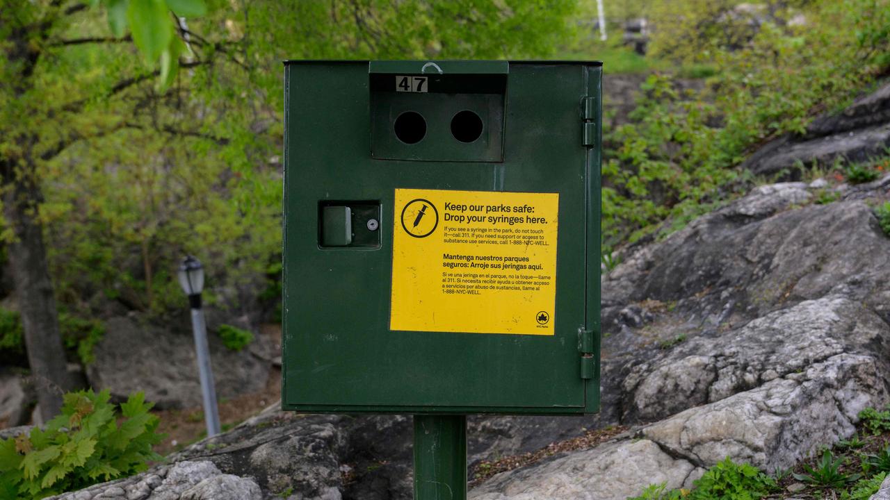 A safety box, to discard used needles, stands in a Bronx park in New York City. Picture: Angela Weiss / AFP