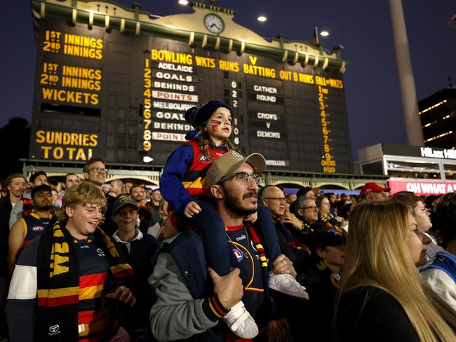 Crows fans during the AFL Gather Round match between the Adelaide Crows and Melbourne Demons at the Adelaide Oval on April 4, 2024. Photo by Phil Hillyard(Image Supplied for Editorial Use only - **NO ON SALES** - Â©Phil Hillyard )