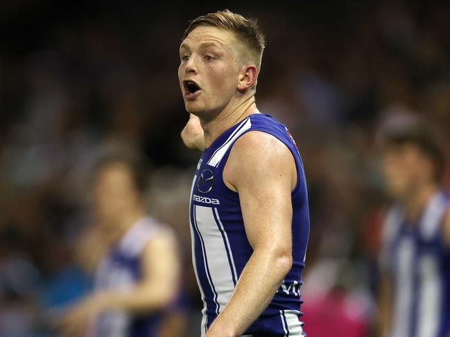 AFL Round 1. 21/03/2021. North Melbourne vs Port Adelaide at the Marvel Stadium, Melbourne.   Jack Ziebell of the Kangaroos screams instructions from the bench during the 4th qtr.     . Pic: Michael Klein