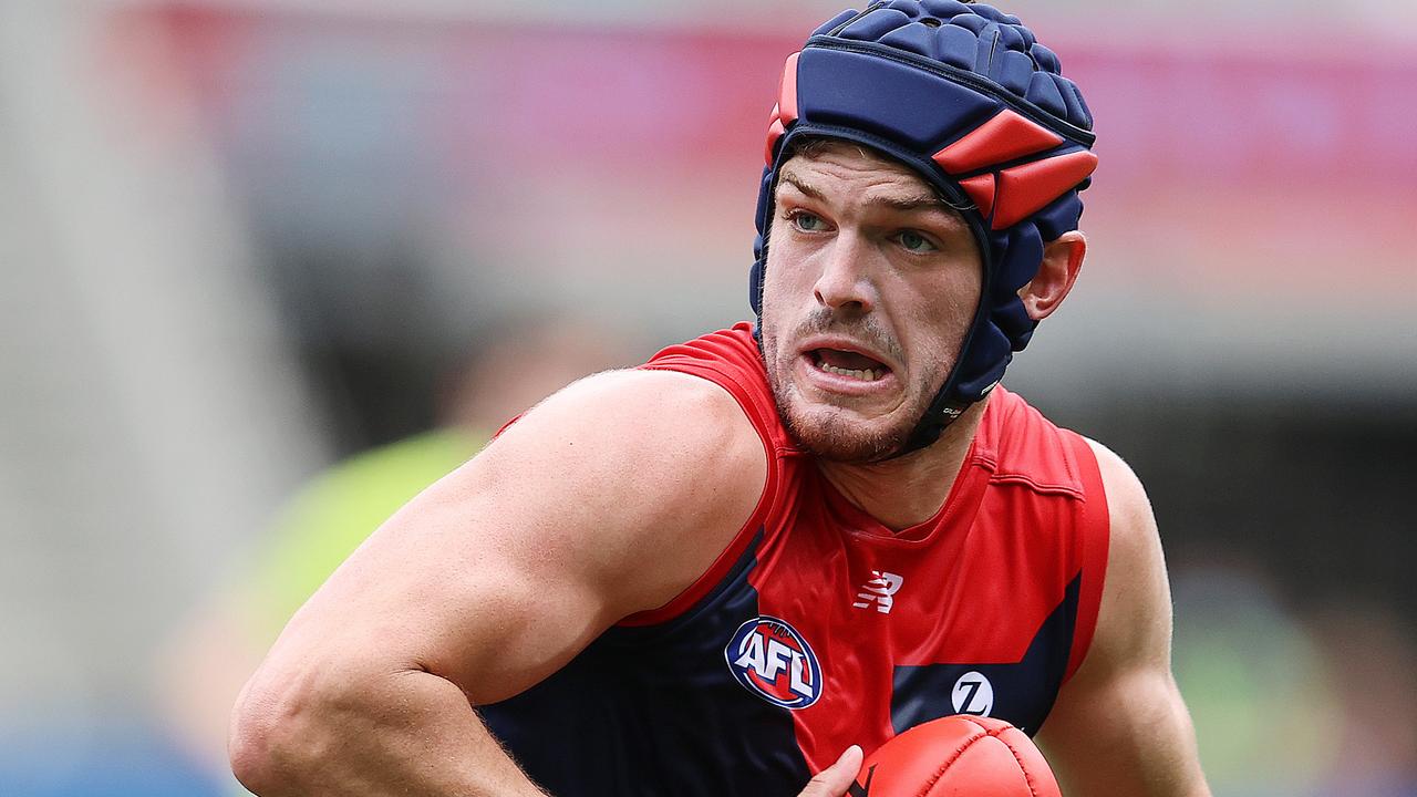 Angus Brayshaw’s helmet is a constant reminder of the concussion woes that plagued his early career. Picture: Michael Klein