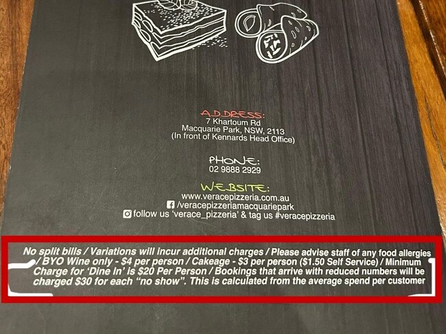 Verace Pizzeria has come under fire for the ‘fine print’ at the bottom of its menu. Picture: Facebook/Verace Pizzeria