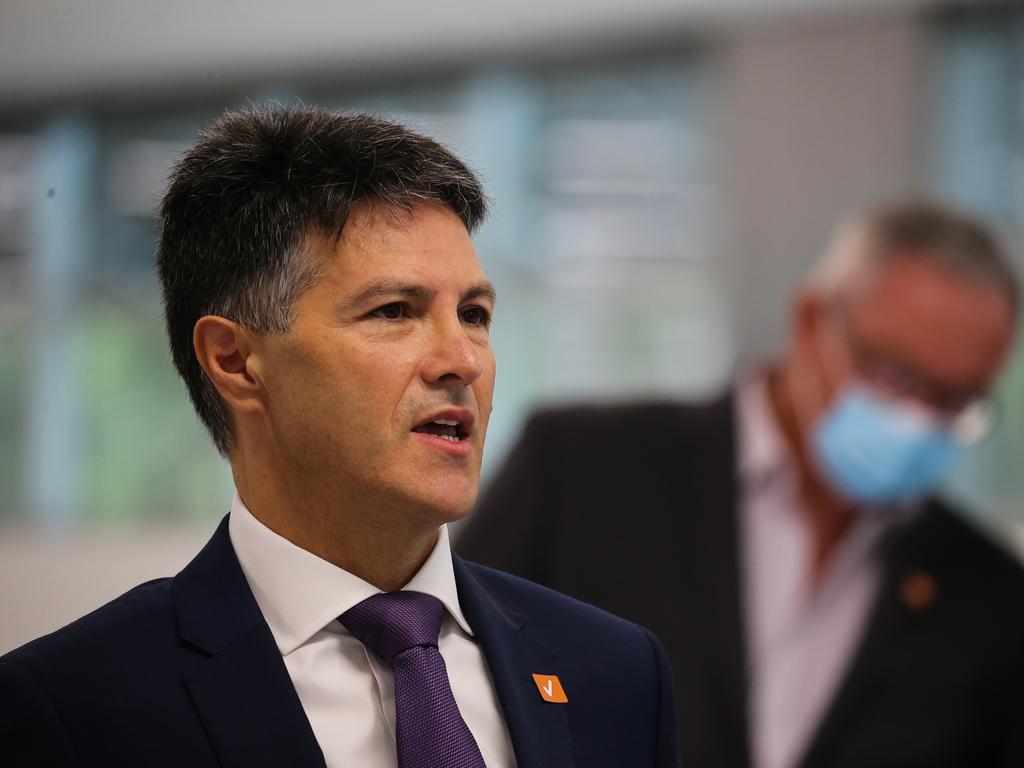 Minister for Customer Service and Digital Government Victor Dominello at a press conference at the Homebush Vaccination Center in Sydney. Picture Gaye Gerard / NCA Newswire.