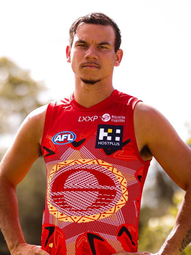 Gold Coast Suns player Daniel Rioli in the club’s Indigenous jumper. Photo: Gold Coast Suns