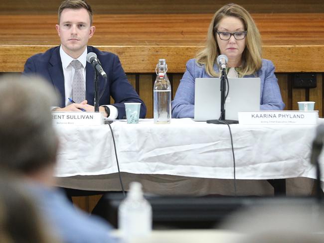 Geelong council mayor Trent Sullivan, right, and acting chief executive Kaarina Phyland at Wednesday’s council meeting. Picture: Mark Wilson