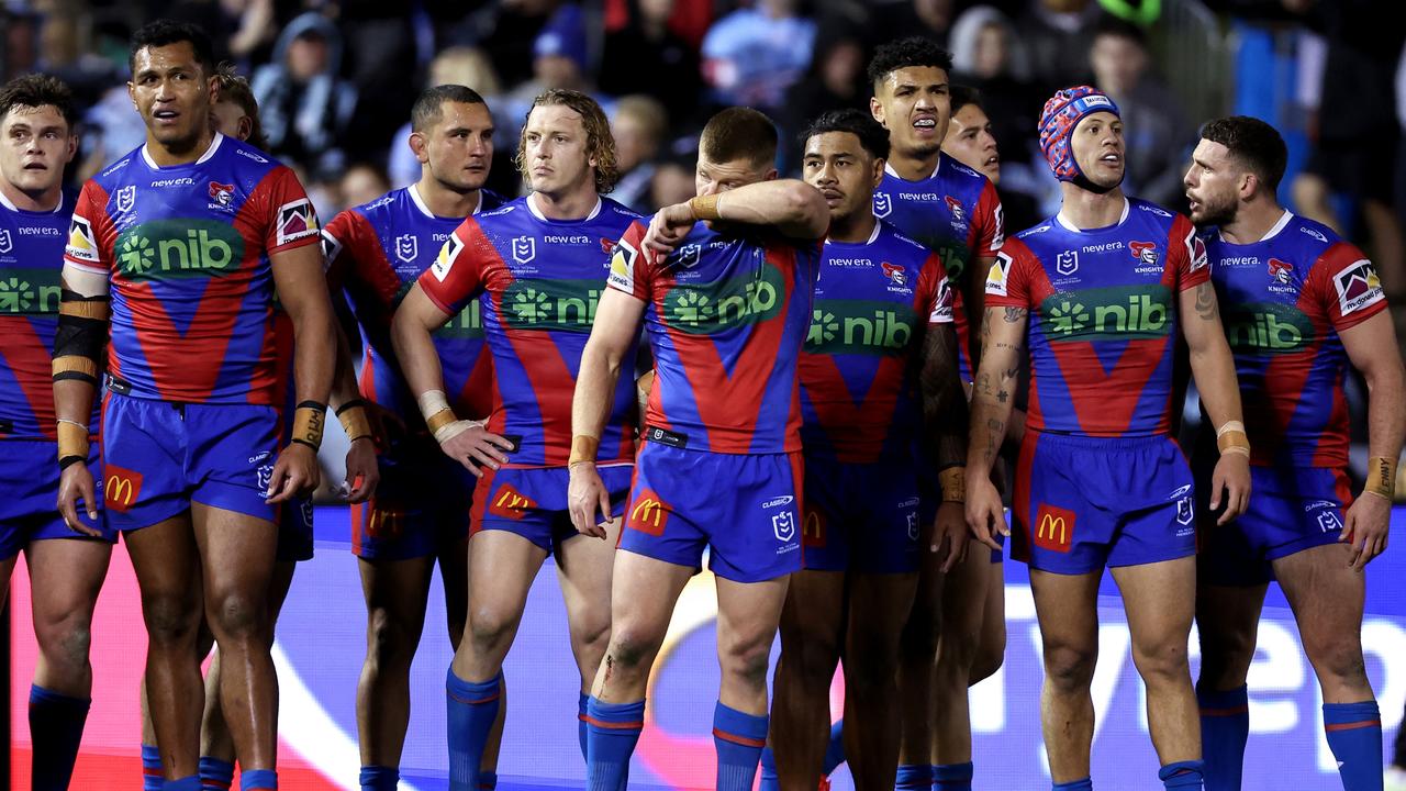 SYDNEY, AUSTRALIA - AUGUST 18: Knights players react during the round 24 NRL match between Cronulla Sharks and Newcastle Knights at PointsBet Stadium, on August 18, 2024, in Sydney, Australia. (Photo by Brendon Thorne/Getty Images)