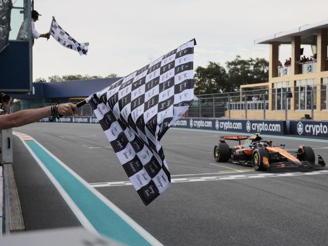 McLaren driver Oscar Piastri of Australia crosses the finish line. Picture: AP