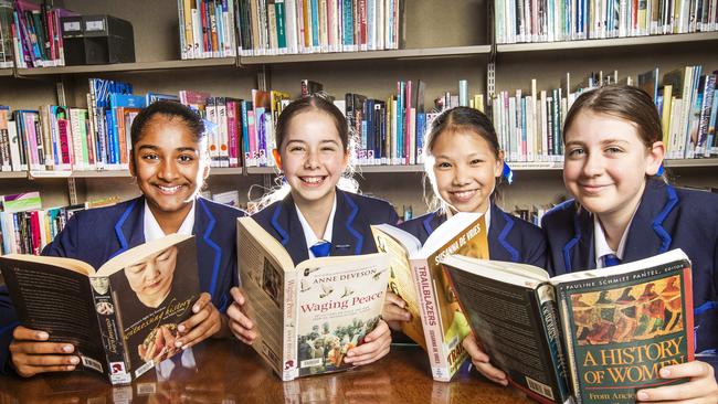 Brisbane Girls Grammar School students Alyssa Godinho, Eva Lusk, Aily Chang and Elsie Butler. Pic: Nigel Hallett