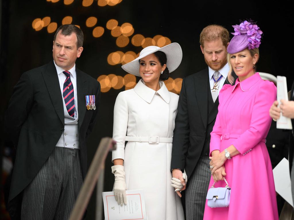 Peter Phillips and sister Zara were pictured after the Thanksgiving service with Meghan and Harry. Picure: AFP