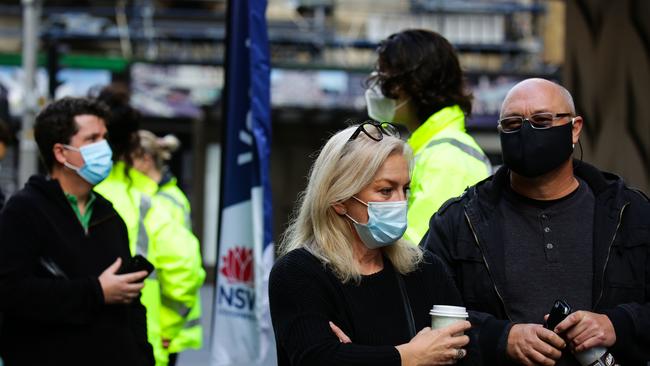 A general view of people lining up to get a Covid-19 vaccine at the pop up Vaccination Hub on Pitt Street in the CBD in Sydney. Picture: NCA NewsWire /Gaye Gerard