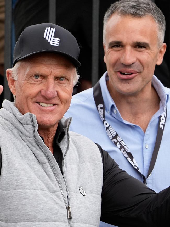 LIV golf boss Greg Norman and Premier Peter Malinauskas during LIV Adelaide at The Grange Golf Club on April 26. Picture: Asanka Ratnayake/Getty Images