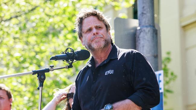 Victorian ETU secretary Troy Gray spoke at the rally in Melbourne. Picture: NewsWire / Aaron Francis