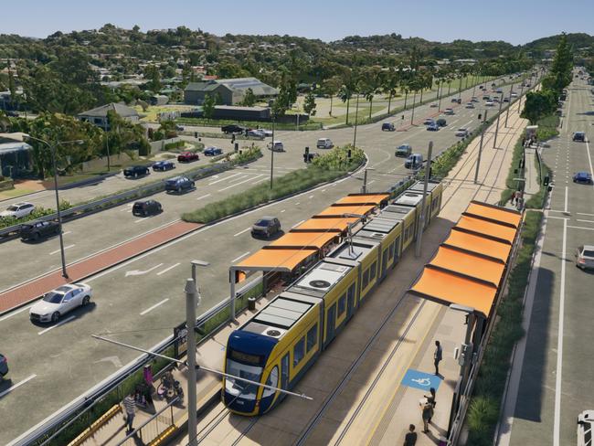 Artist impression of Gold Coast Light Rail Stage 4 between Tugun and Coolangatta, including Gold Coast Airport and the NSW border. Picture: Department of Transport and Main Roads.