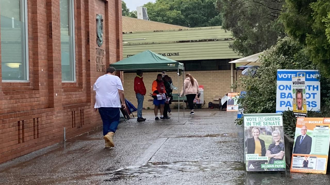 Voters were sparse at the Gympie Senior Citizens Centre booth in the centre of Gympie 4pm as rain continued to fall.