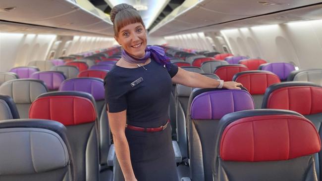 The inside of a Virgin Australia aircraft, with cabin supervisor Tracey Fitzgerald.