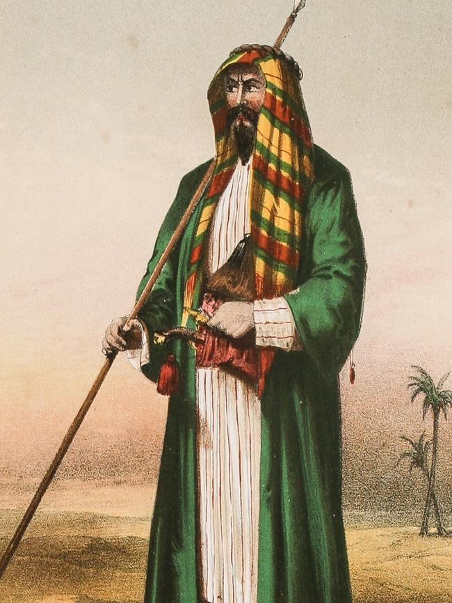 An illustration from Richard Francis Burton's book Personal Narrative of a Pilgrimage to Al-Madinah and Meccah 1855 showing Richard Francis Burton dressed as a pilgrim heading for Mecca. Out of copyright