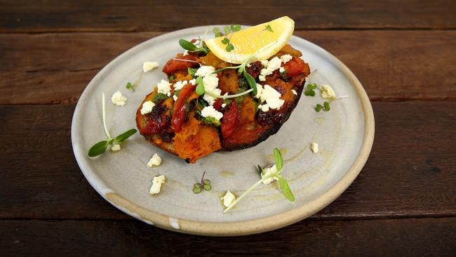 SouthEast Espresso at Coolangatta. Pumpkin and chorizo bruschetta.