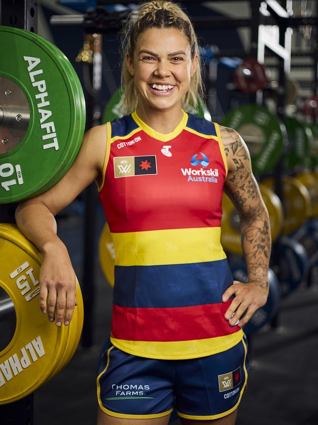 Anne Hatchard prepares to play her 50th AFLW game, at the Crows’ West Lakes Headquarters. Picture: Matt Loxton