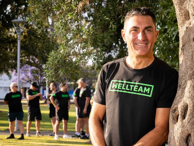 Troy Flower with his weekly walking group, in Whitmore Square, in Adelaide/ Kaurna Yarta on Saturday, November 11, 2023. (The Advertiser/ Morgan Sette)