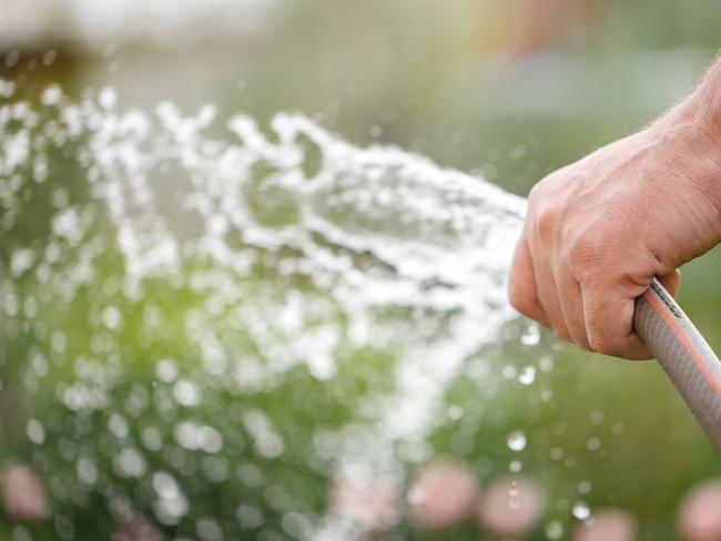 Holding a water rubber hose tube. Watering