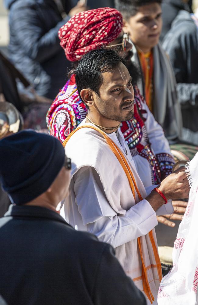 Bishowjit Mazumder adds to the music during Toowoomba's Festival of Chariots, Saturday, July 20, 2024. Picture: Kevin Farmer