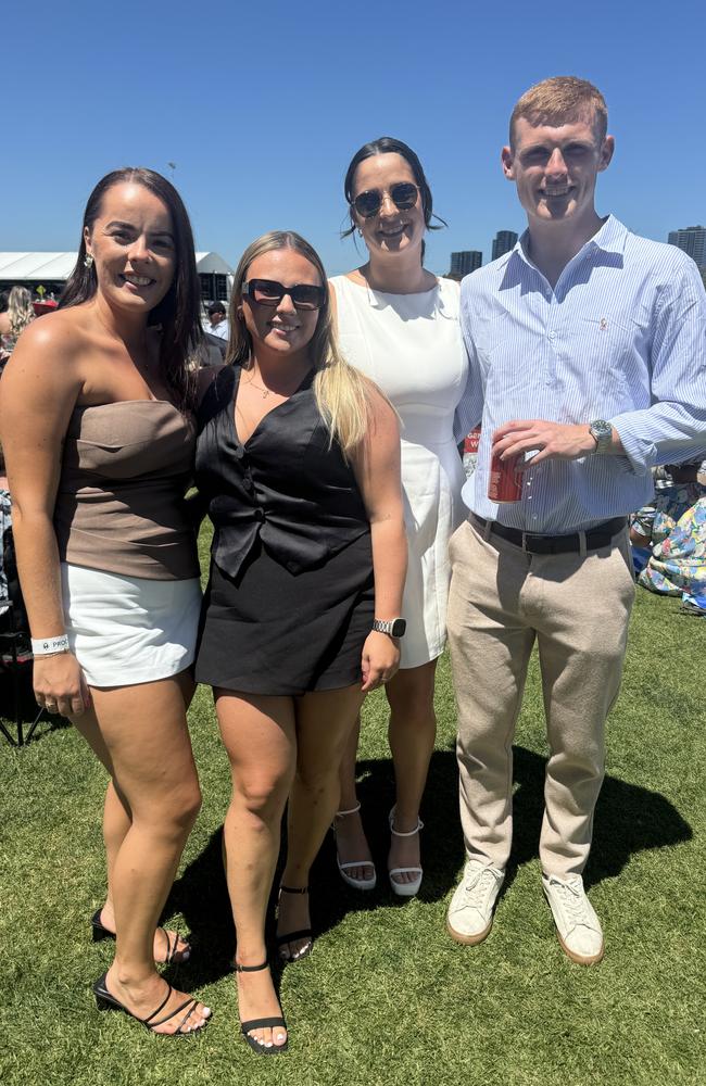 Megan Fegan, Taylor Gregg, Jemma Coogan and Ian O'Sullivan at the Melbourne Cup at Flemington Racecourse on November 5, 2024. Picture: Phillippa Butt