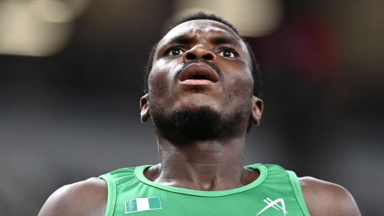 There would be no Divine intervention for Nigeria’s Oduduru in the 100m heats. Picture: AFP