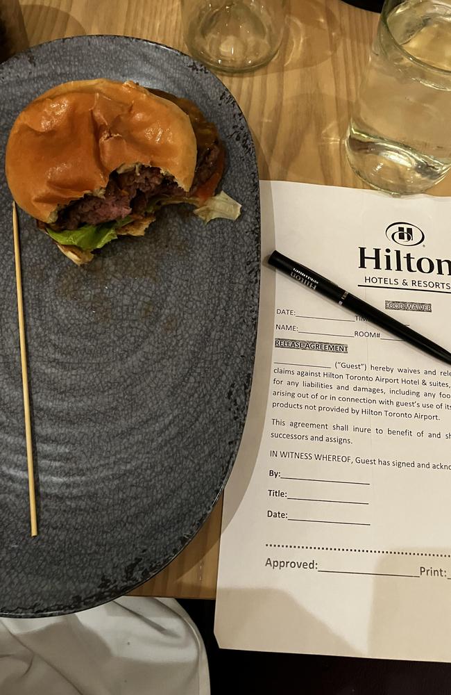 An American visitor to Toronto was asked to sign a waiver when he ordered a medium-done hamburger at a Hilton hotel restaurant. Picture: Reddit