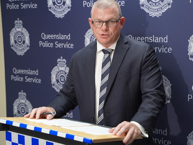 Detective Acting Inspector Chris Eaton speaking about the death of Tiege Close on the Bruce Highway at Bloomsbury on February 1, 2023. Picture: Mitchell Dyer