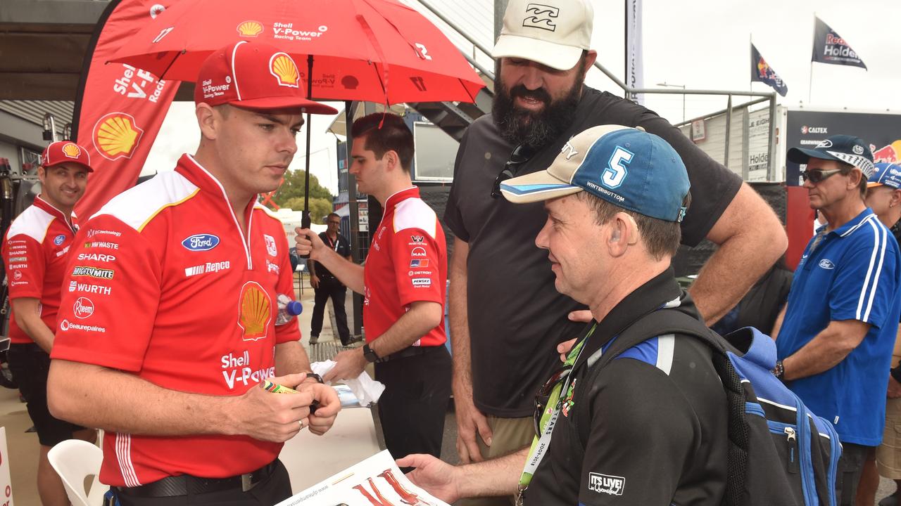 Watpac Townsville 400 Day One. Socials. Supercar driver Scott McLaughlin with big fan Mark Scott. Picture: Evan Morgan