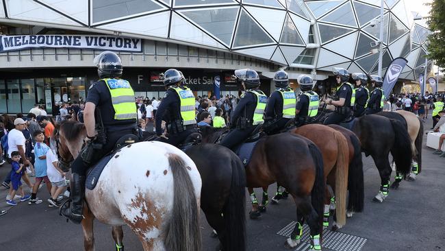 Police watch on at a Melbourne Victory game at AAMI Park. Picture: Ian Currie