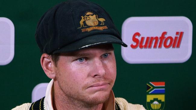 Steve Smith at the 2018 press conference in Cape Town following the ball tampering incident. Picture: AFP