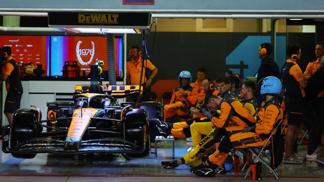 The car of Oscar Piastri of Australia driving the (81) McLaren MCL60 Mercedes is pictured in the garage after retiring from the race during the F1 Grand Prix of Bahrain. Picture: Getty Images