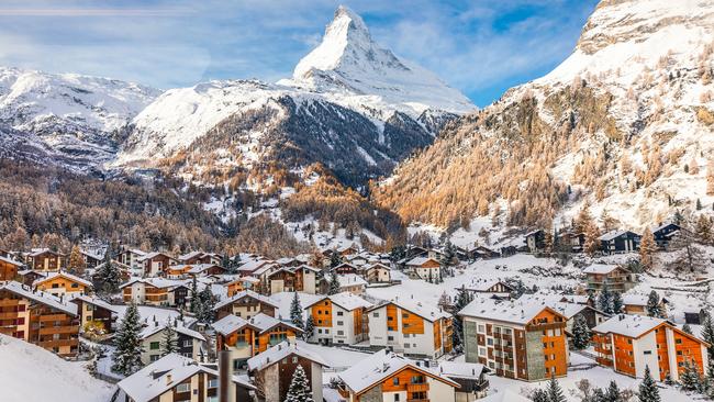 The car-free town of Zermatt, Switzerland, in the shadow of the iconic mountain peak Matterhorn.