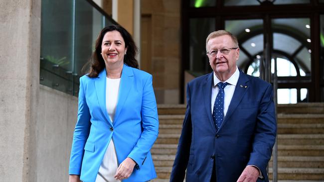 Premier Annastacia Palaszczuk and AOC President John Coates pose for a photo after a press conference at Parliament House. Picture: NCA NewsWire / Dan Peled