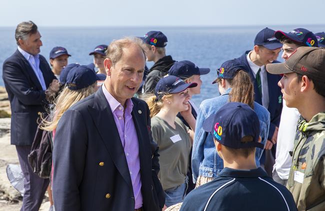 Prince Edward, Earl of Wessex talks with local schoolchildren in Bundeena, in Sydney. Picture: Jenny Evans/Getty Images