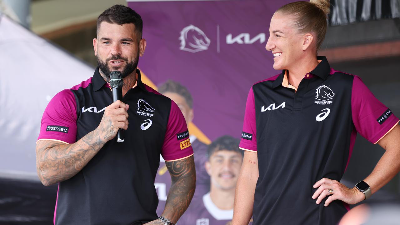 Captains Adam Reynolds and Ali Brigginshaw at the Broncos fans day at Red Hill. Picture Lachie Millard