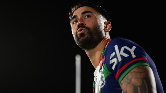 AUCKLAND, NEW ZEALAND - MARCH 08: Shaun Johnson of the Warriors talks to fans during the round one NRL match between New Zealand Warriors and Cronulla Sharks at Go Media Stadium Mt Smart, on March 08, 2024, in Auckland, New Zealand. (Photo by Hannah Peters/Getty Images)