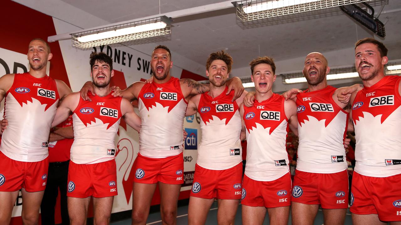 Swans players sing their team song in 2019 after winning AFL match between the Sydney Swans and St Kilda Saints at the SCG. Picture: Phil Hillyard.