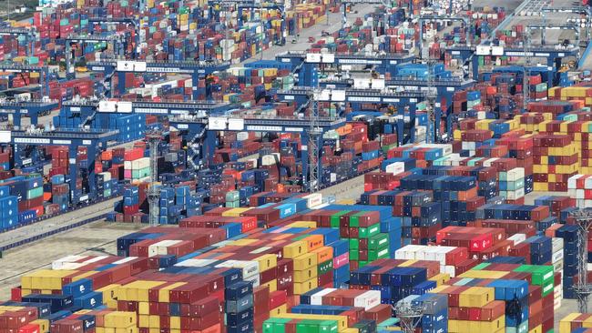 This aerial photo shows shipping containers at Nanjing port in China's eastern Jiangsu province on November 13, 2023. (Photo by AFP) / China OUT