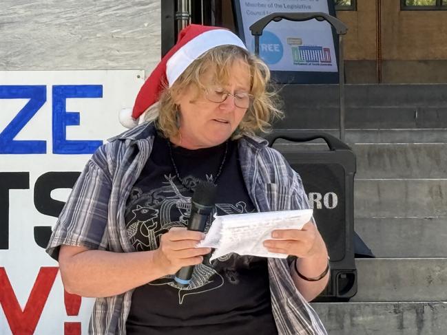 Southern suburbs mum Anne Marie Anderson speaking at cost of living protest. Picture: Supplied