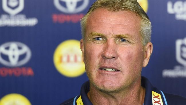 TOWNSVILLE, AUSTRALIA - MAY 03: Titans coach Garth Brennan speaks at the post match media conference at the end of during the round eight NRL match between the North Queensland Cowboys and the Gold Coast Titans at 1300SMILES Stadium on May 03, 2019 in Townsville, Australia. (Photo by Ian Hitchcock/Getty Images)