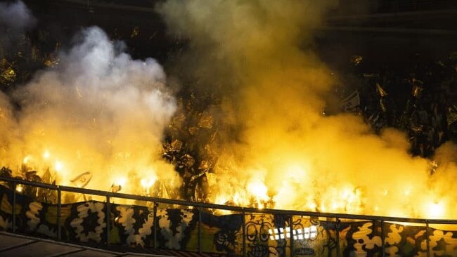 Maccabi Tel Aviv supporters set off fireworks ahead of the match in Amsterdam. Picture: Robin van Lonkhuijsen/Shutterstock/WSJ