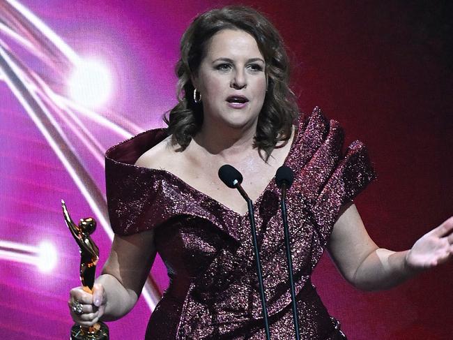 GOLD COAST, AUSTRALIA - FEBRUARY 07: Anne Edmonds accepts the AACTA Award for Best Stand-Up Special during the 2025 AACTA Awards Presented By Foxtel Group at HOTA (Home of the Arts) on February 07, 2025 in Gold Coast, Australia. (Photo by Dan Peled/Getty Images for AFI)