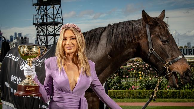 Melbourne Cup Carnival Ambassador Nadia Bartel and Brew. Picture: Jason Edwards