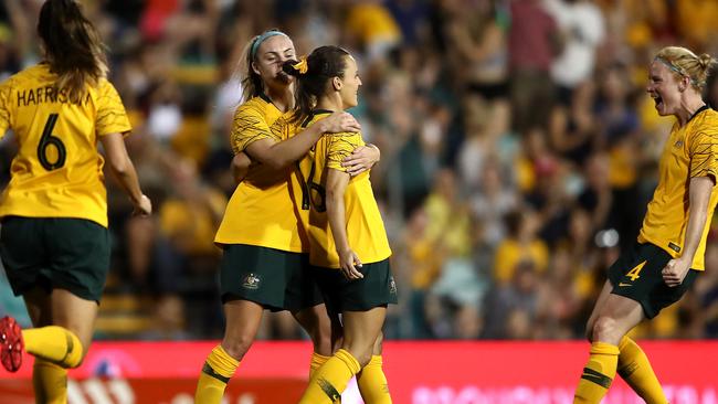 Matildas players celebrate after Hayley Raso scored their second goal against New Zealand on Thursday night. Picture: Getty Images 