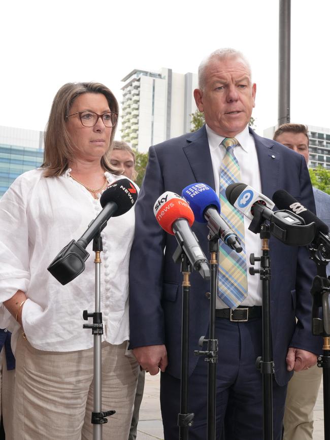 Police Commissioner, Grant Stevens and his wife Emma speak to media after the sentencing. Picture: NewsWire / Dean Martin